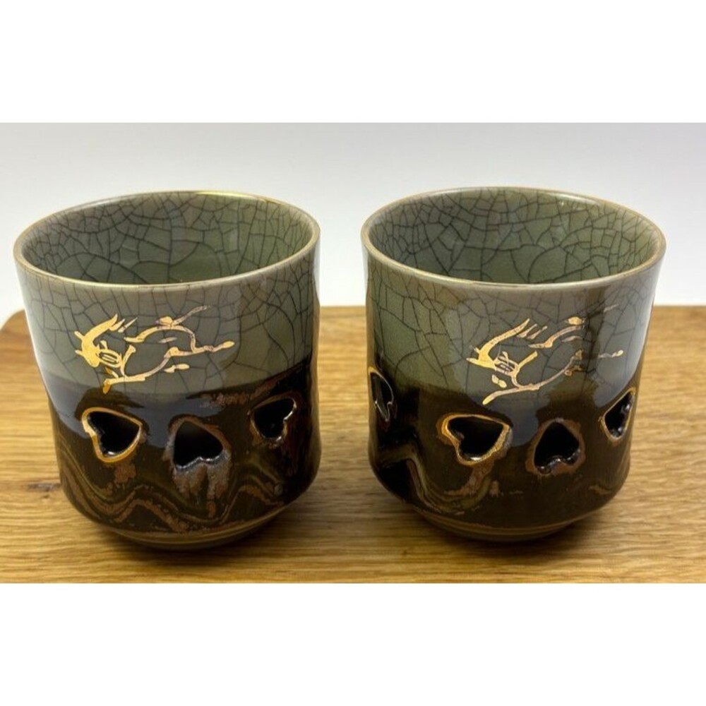 VTG Soma Ware Double Wall Tea Cups Crackle Glaze Gold Horse Yunomi Japan Set